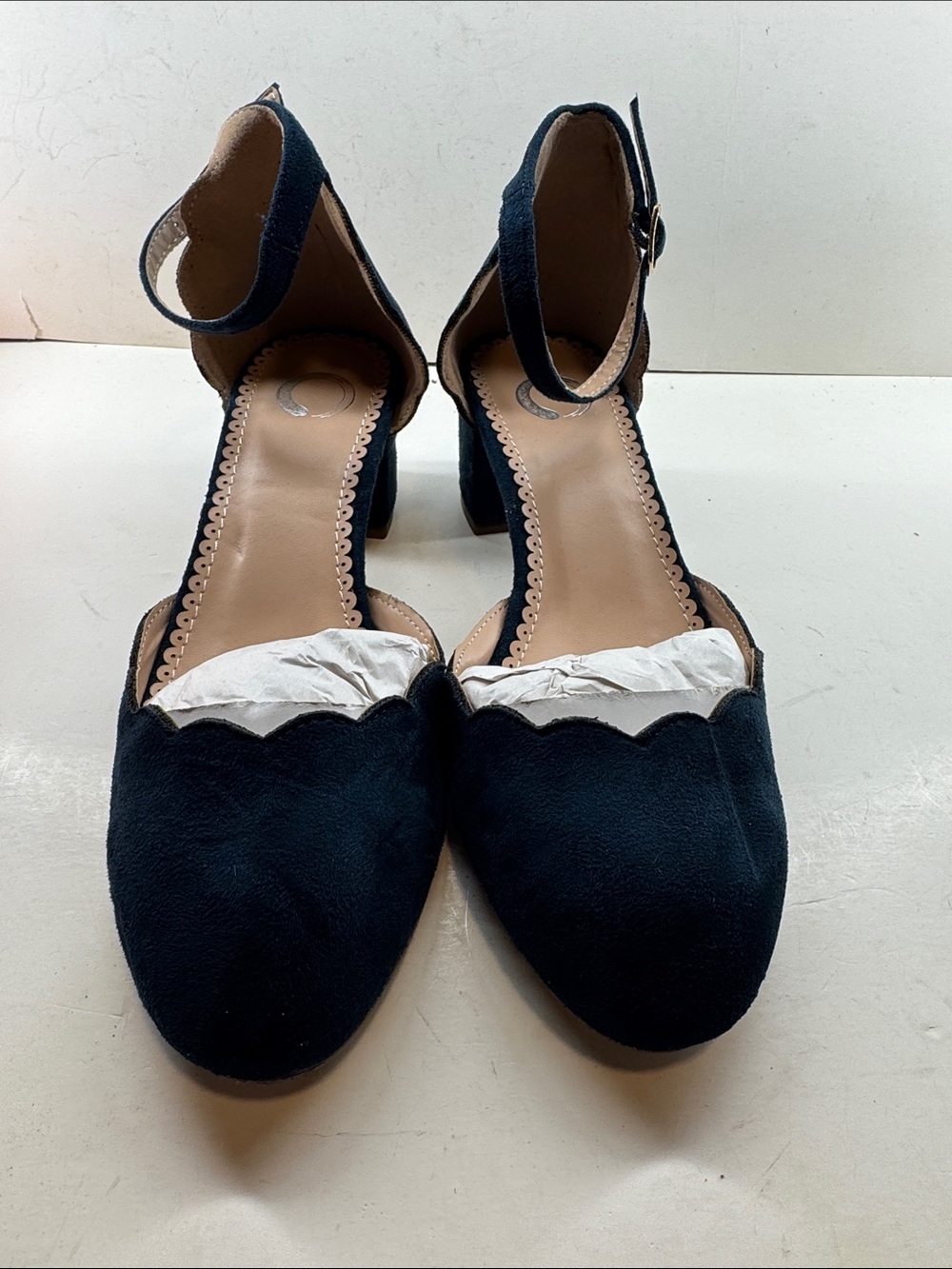 Scalloped Ankle-Strap Block Heels in Navy Suede